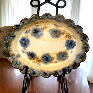 Nan Groves Studio Pottery Signed Scalloped Drip Glaze Dish Mid Century 8"x 7.5"